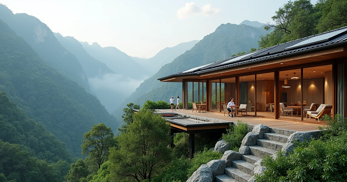 Hotel de luxo sustentável cercado por natureza exuberante, vista panorâmica das montanhas e arquitetura moderna integrada ao ambiente 