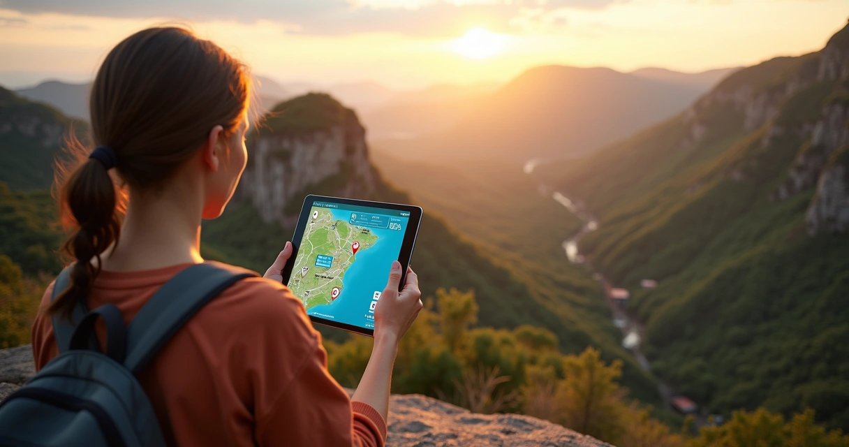 Turista usando tablet para explorar trilhas na Chapada Diamantina com recursos digitais 