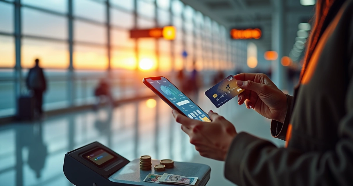 Viajante compara taxas no celular antes de pagar com cartão de débito internacional no aeroporto 