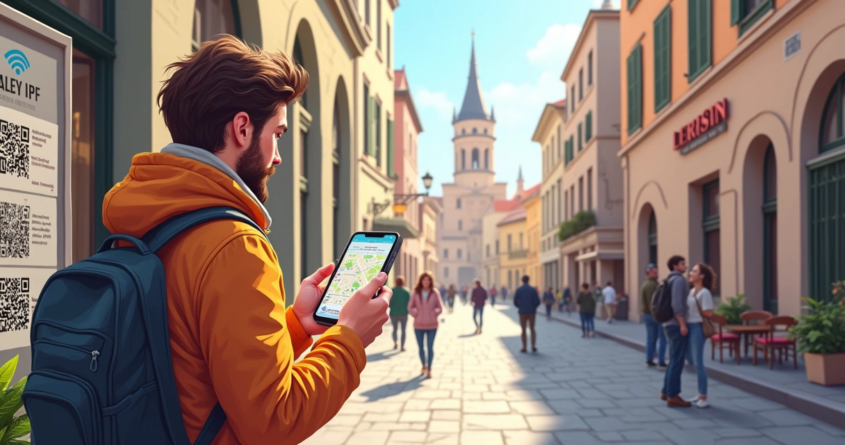 Turista com smartphone usando mapas nas ruas da Europa 