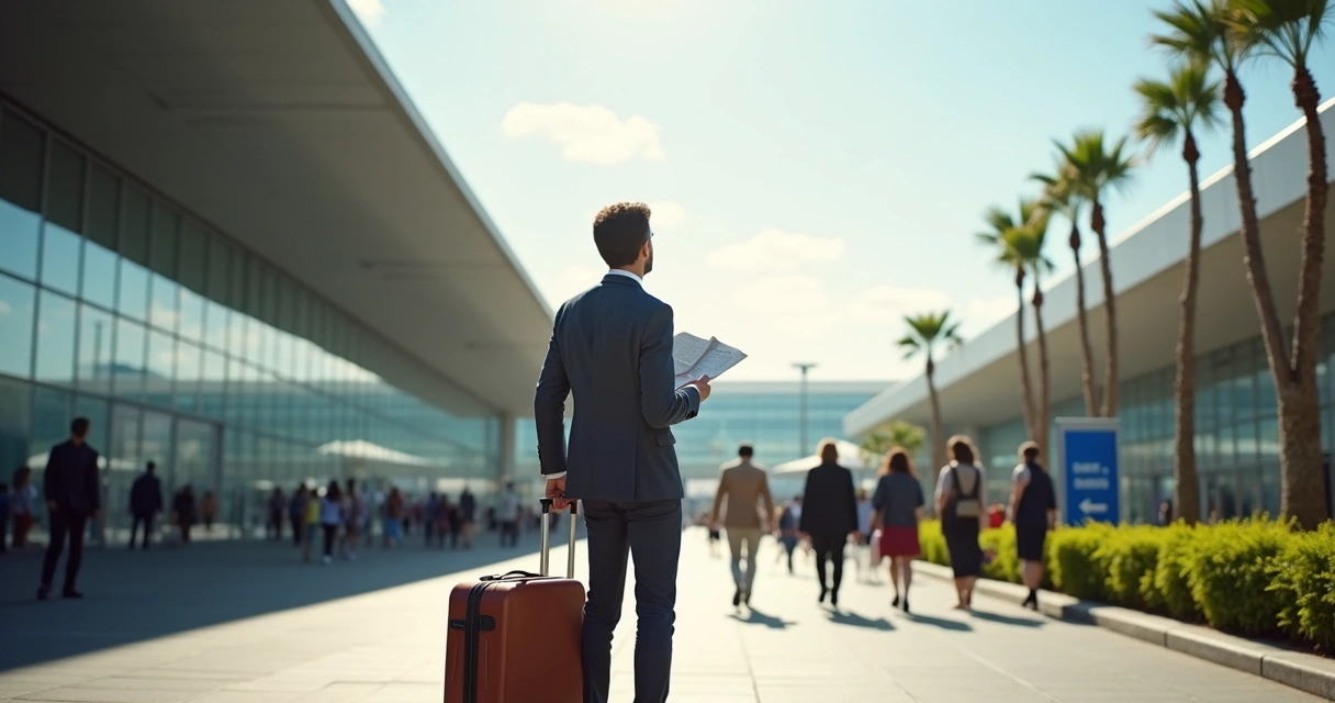 Turista com mala pequena e mapa explora área urbana próxima ao aeroporto 