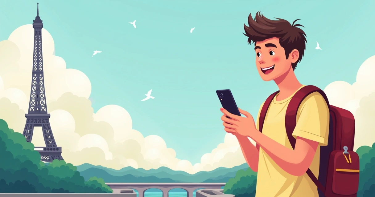 Turista sorrindo com celular em ponto turístico 
