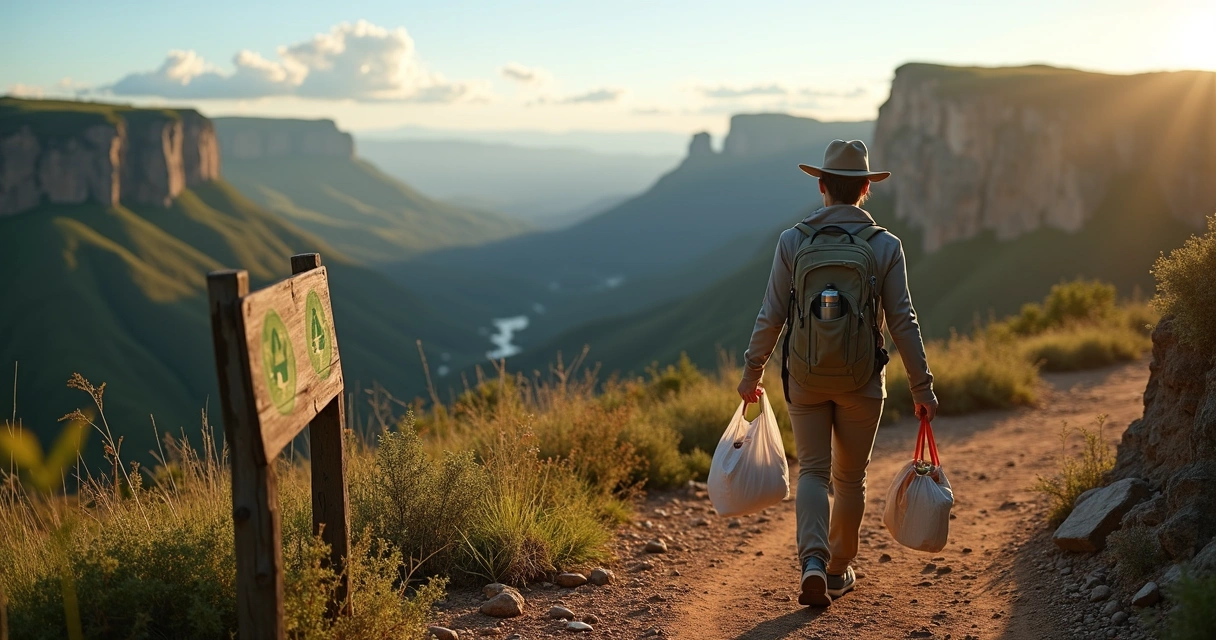 Turista caminhando em trilha na Chapada Diamantina recolhendo lixo com garrafa reutilizável na mochila 