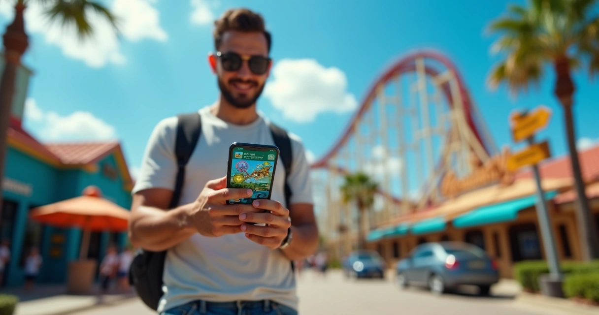 Turista brasileiro usando aplicativos no celular em frente ao parque em Orlando 