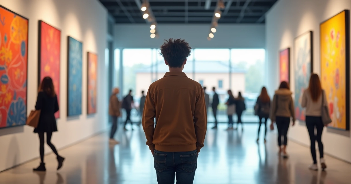 Pessoa olhando exposições em museu moderno 