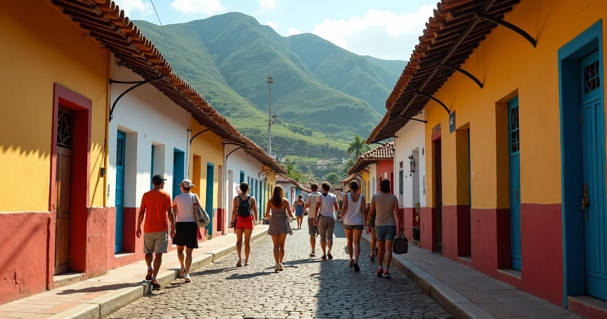 Grupo de turistas caminhando por rua de cidade pequena
