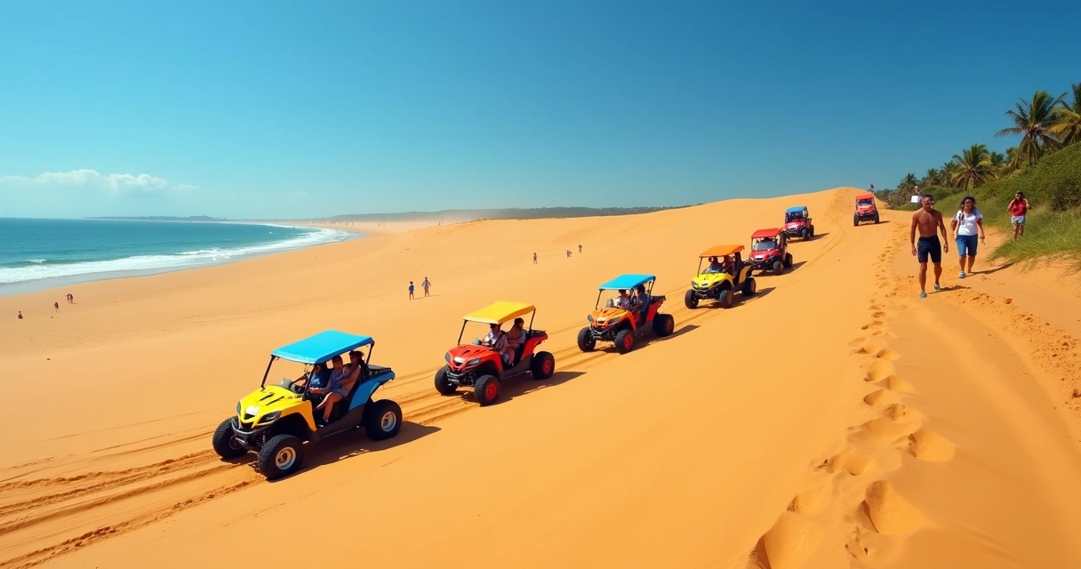 Turistas descendo as dunas de Genipabu em buggy 