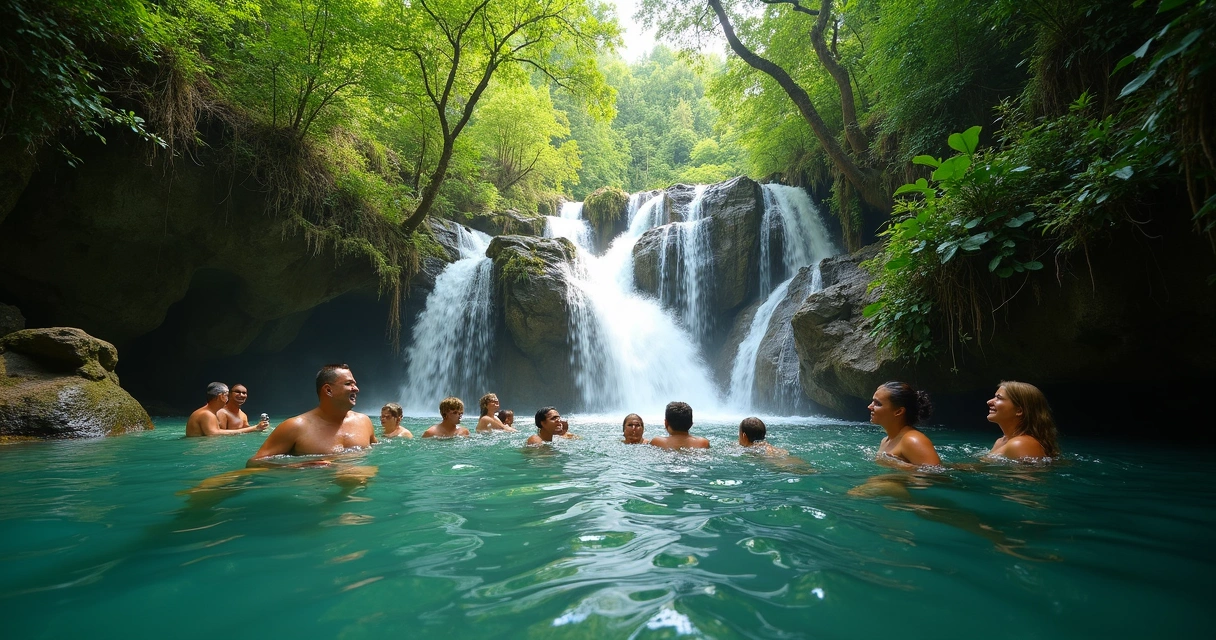 Turistas nadando em cachoeira de Paraty rodeados por floresta 