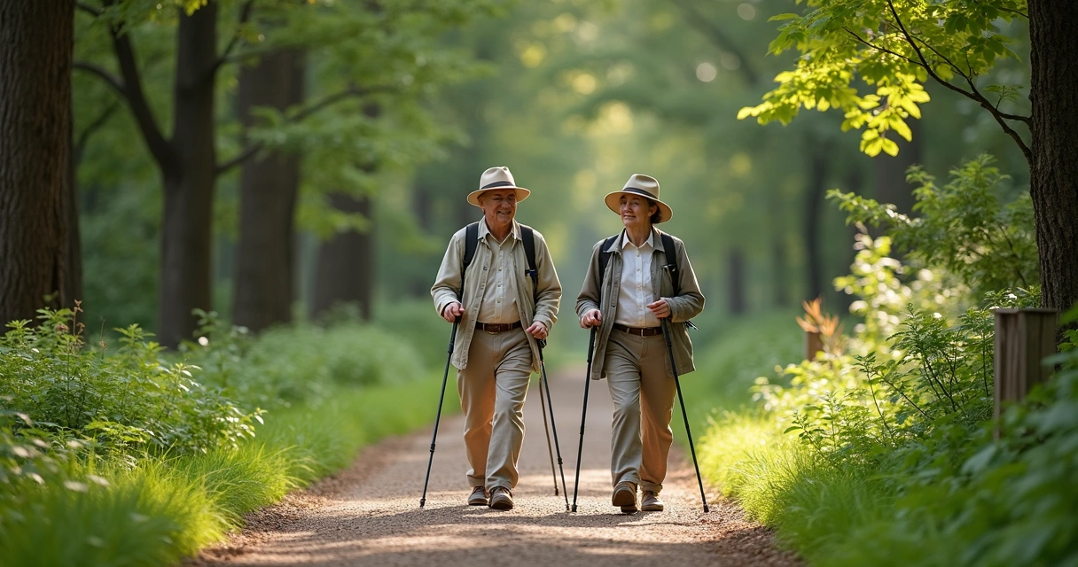 Turistas idosos caminhando com segurança em trilha na natureza 