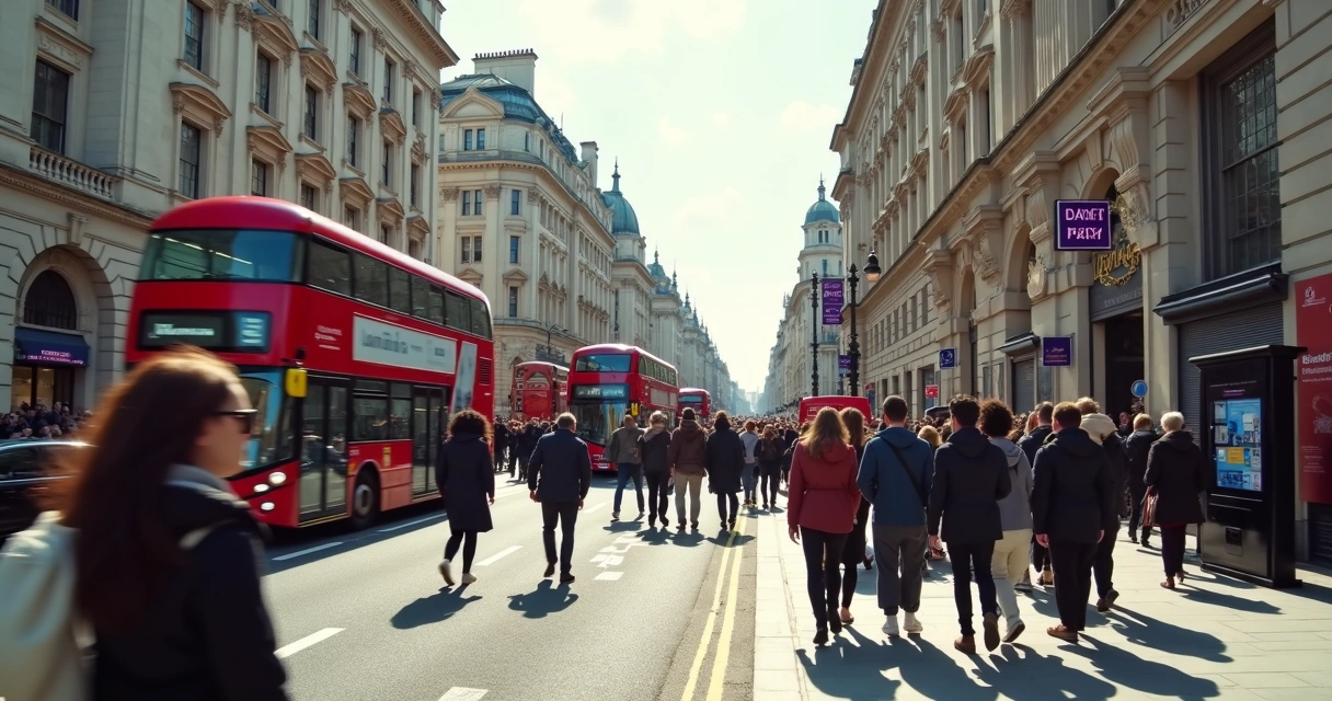Turistas caminhando em rua de Londres com prédios históricos e ônibus vermelho 