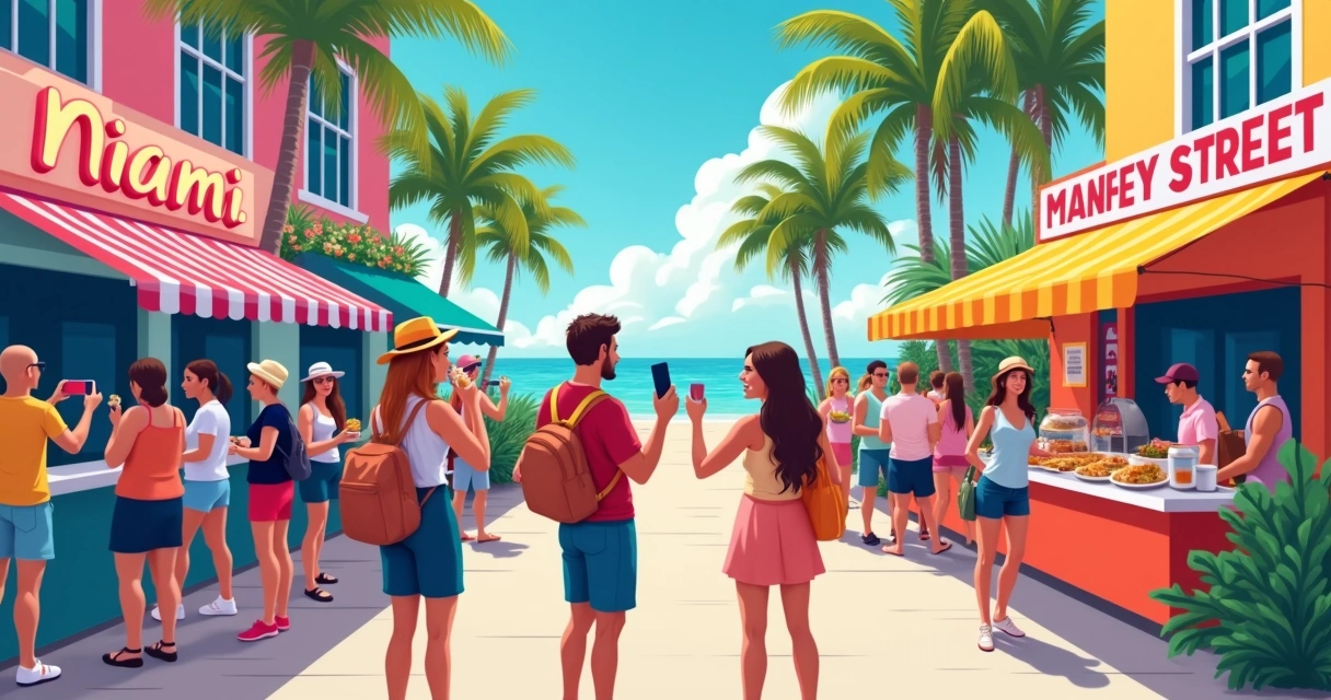 Turistas em Miami tirando fotos e experimentando comidas em rua animada 