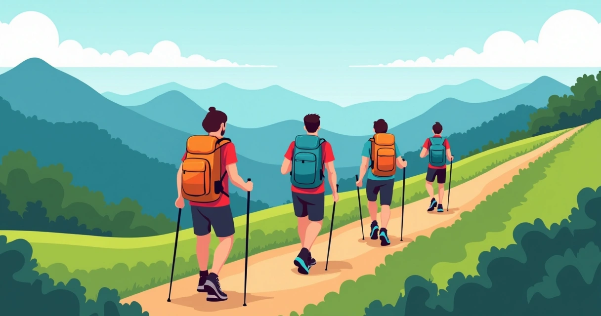 Grupo de turistas caminhando nas trilhas das montanhas 