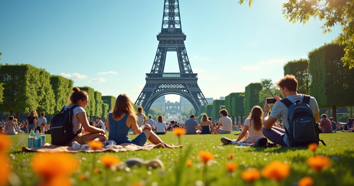 Turistas tirando fotos próximas à Torre Eiffel em dia ensolarado 