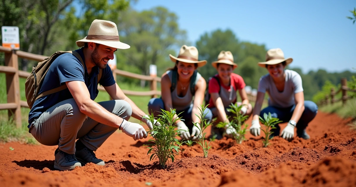 Turistas plantando mudas em parque nacional do cerrado brasileiro 