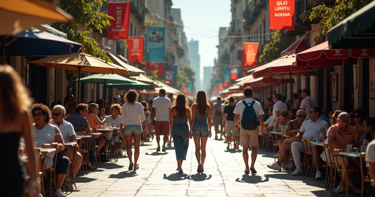 Turistas caminhando em rua movimentada de Buenos Aires 