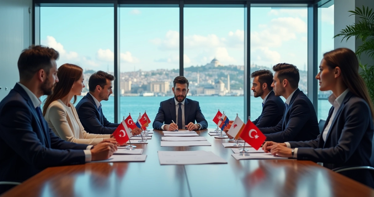 Diverse international team meeting in modern Istanbul office 