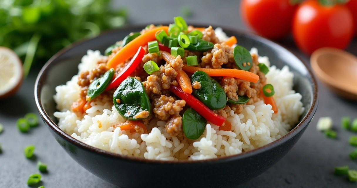 Rice bowl with turkey, vegetables, baby spinach, and soy sauce drizzle 