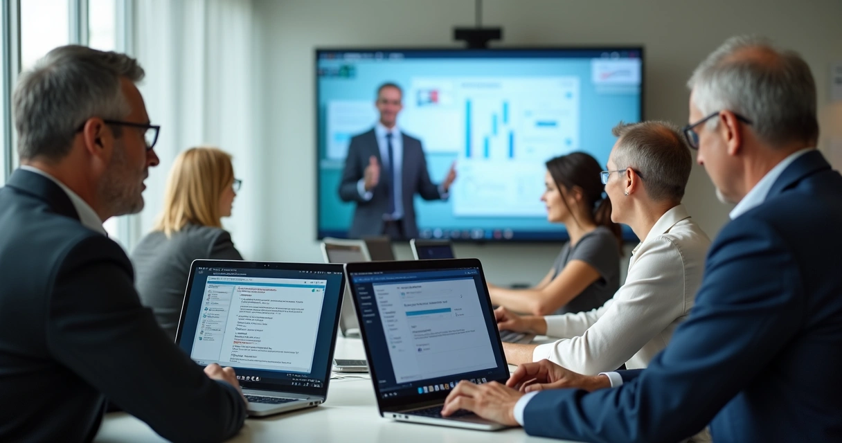 Grupo maduro participando de curso online ao vivo 