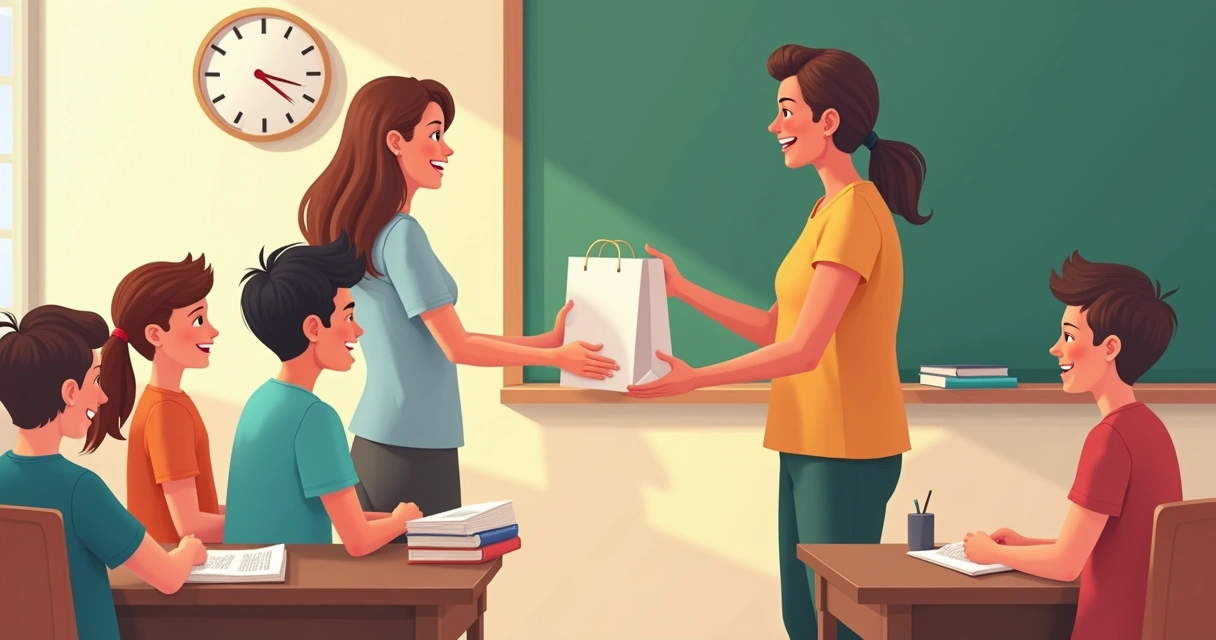 Turma entregando camiseta personalizada para professor em sala de aula