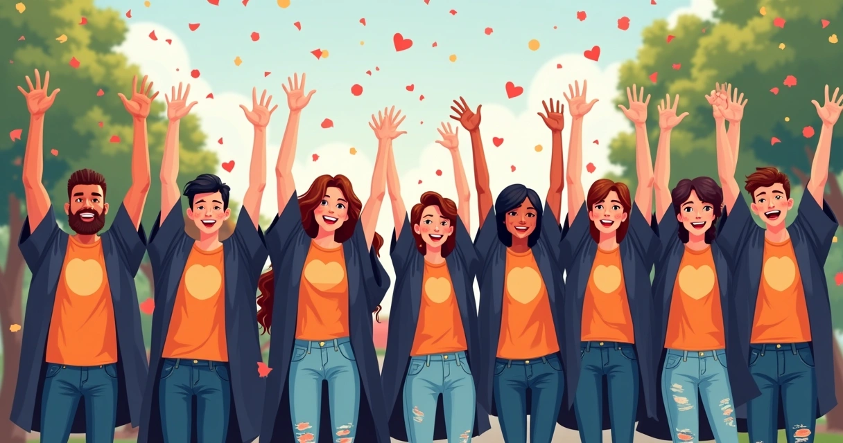 Turma comemorando com camisetas do terceiro ano personalizadas, levantando os braços 