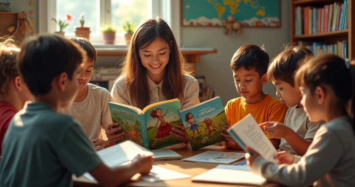 Turma sentada em círculo compartilhando livros infantojuvenis 