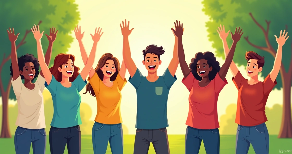 Turma reunida ao ar livre, todos vestindo camisetas do terceirão, sorrindo e levantando os braços. 