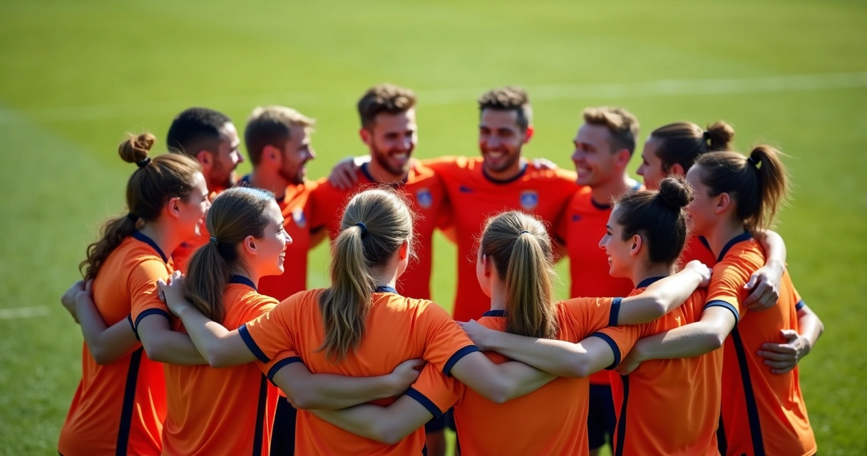 Turma de futebol comemorando unida no centro do campo 
