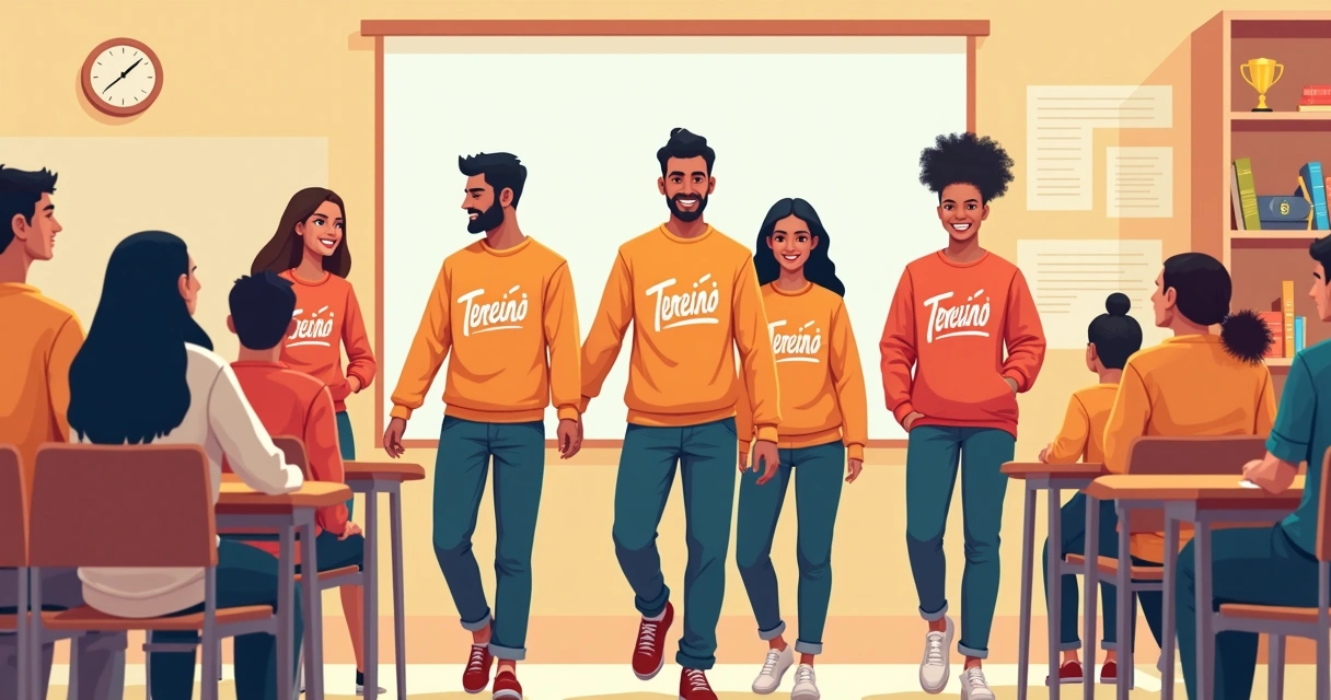 Grupo de estudantes uniformizados com moletom e camiseta 