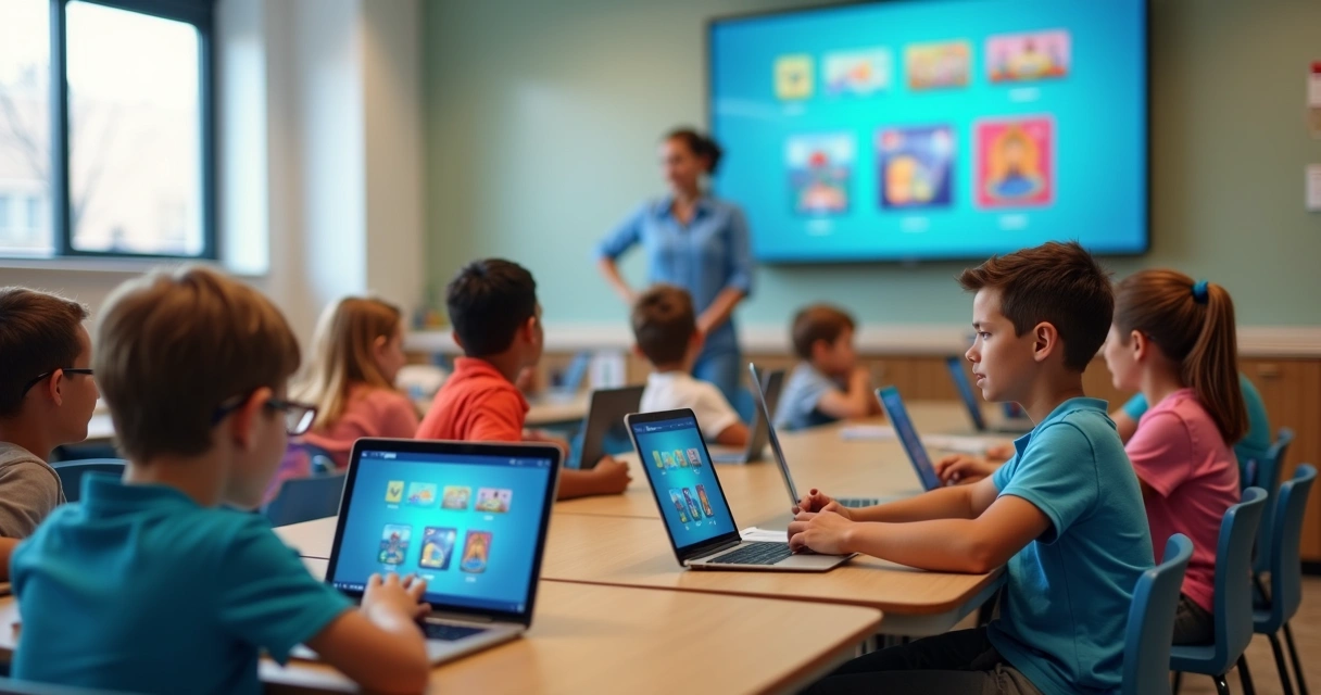 Crianças usando recursos digitais em sala de aula supervisionadas pelo professor 