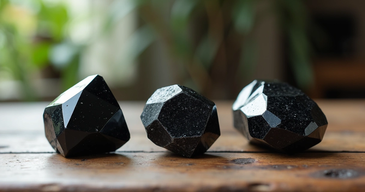 Turmalina negra, obsidiana e ônix lado a lado sobre uma mesa de madeira 