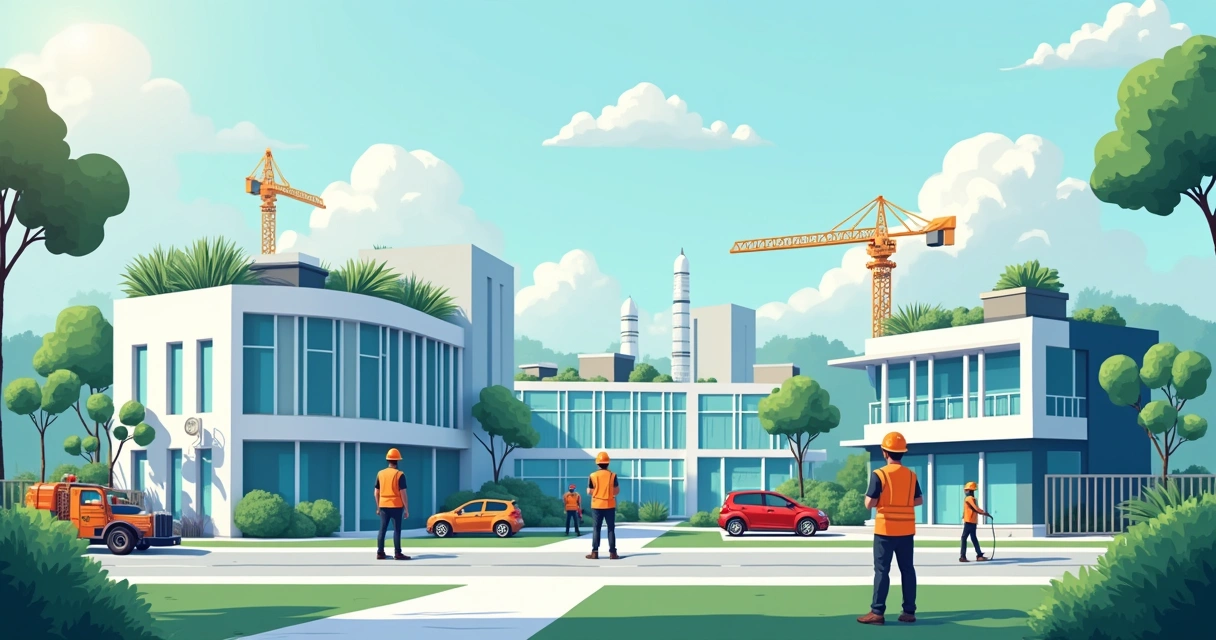 Ilustração do conceito de Turn Key Engenharia com escritório, centro comercial, residência e fábrica em harmonia.