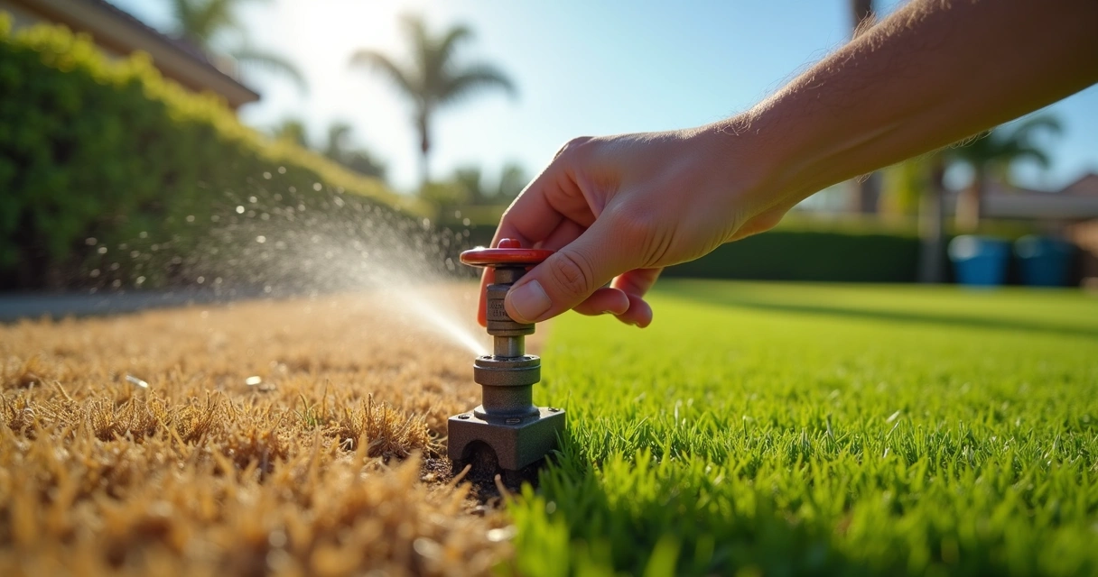 Hand turning off irrigation system valve in a green backyard 