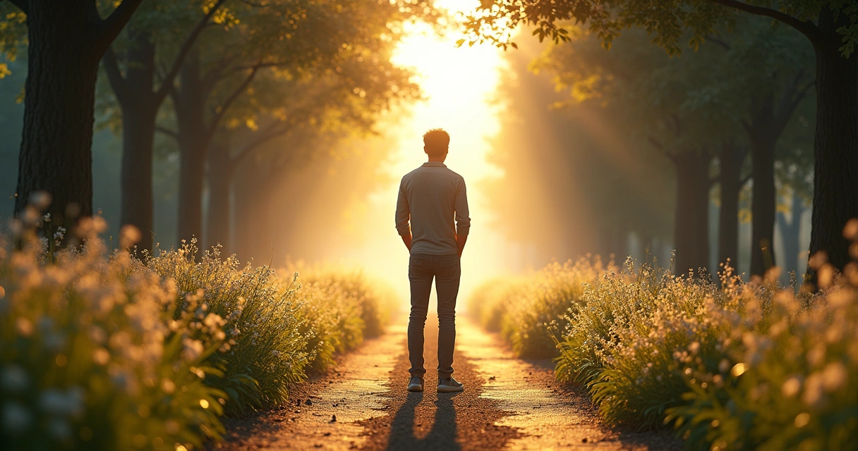 A person standing at a crossroads with two different paths ahead, one sunny and open, the other shaded and uncertain 