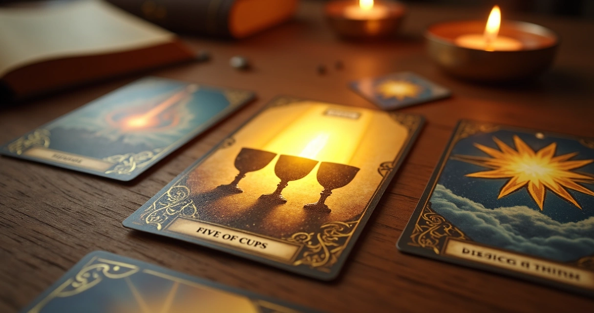 Tarot cards on table with bright light illuminating upright cups 