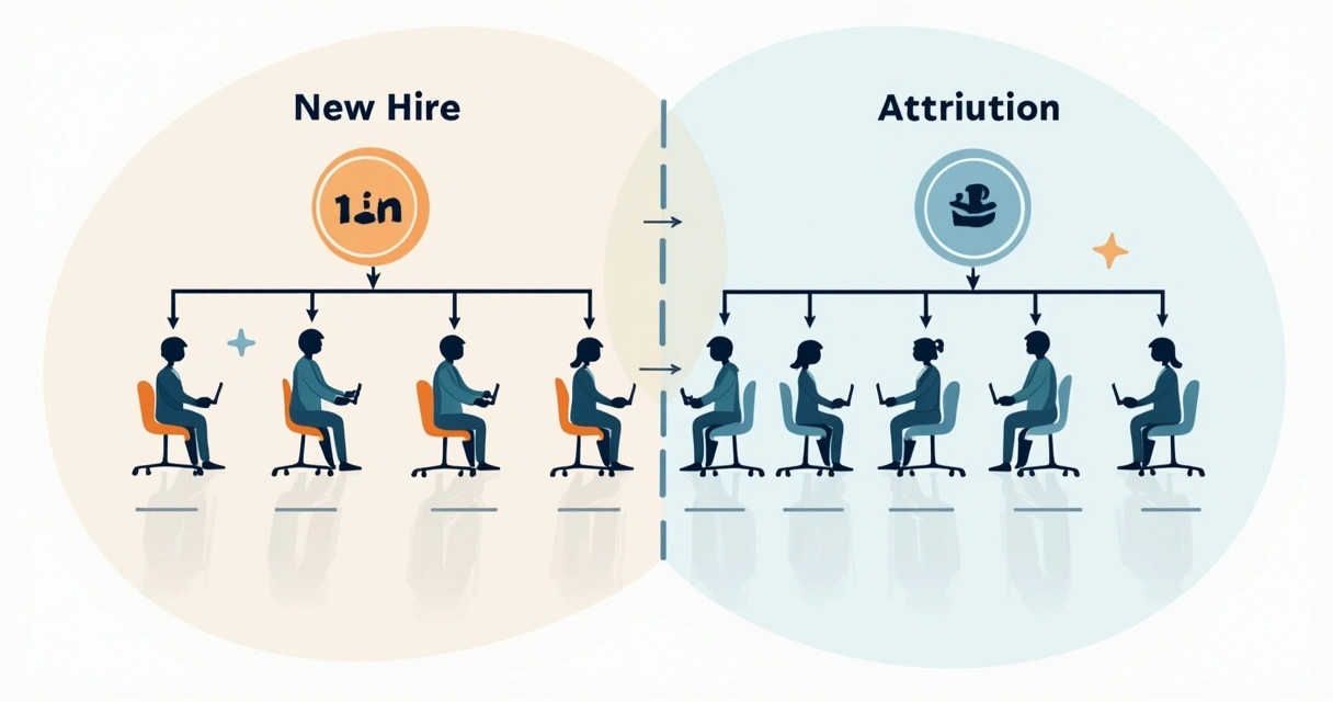 Illustration comparing employee turnover and attrition with staff icons showing replaced and unfilled positions 