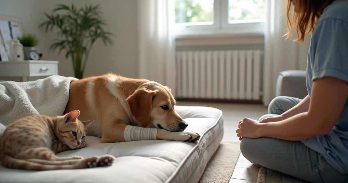 Tutor acariciando cachorro com colar elizabetano em cantinho de repouso pós-operatório 
