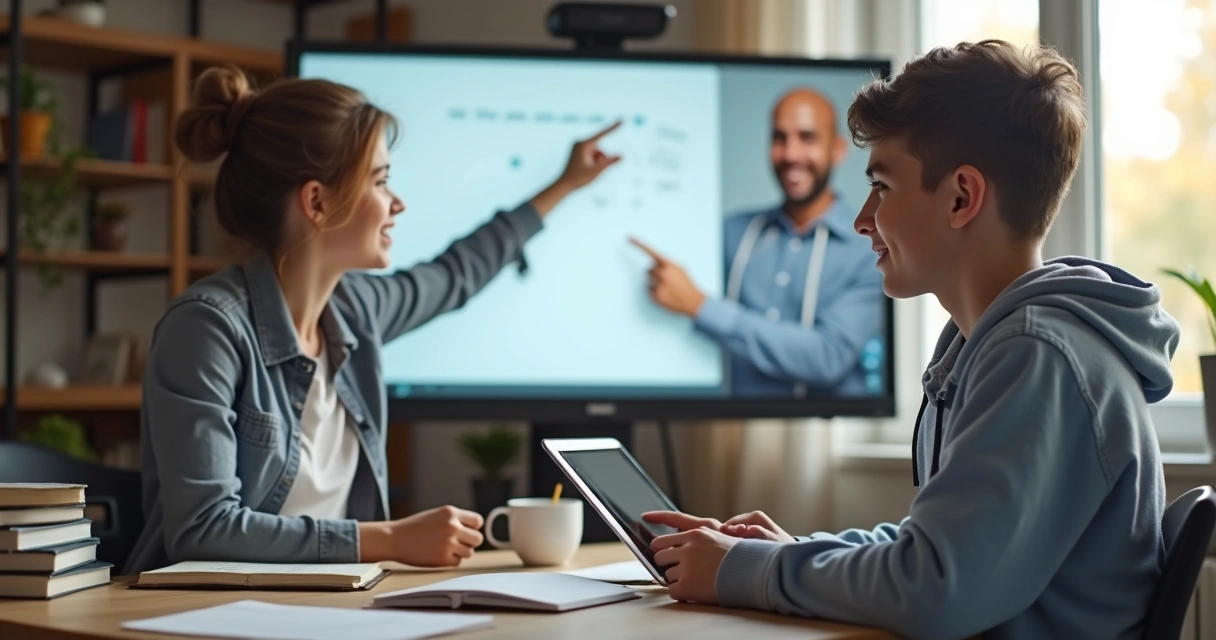 Tutor individual adaptando metodologia para um aluno jovem usando tablet 