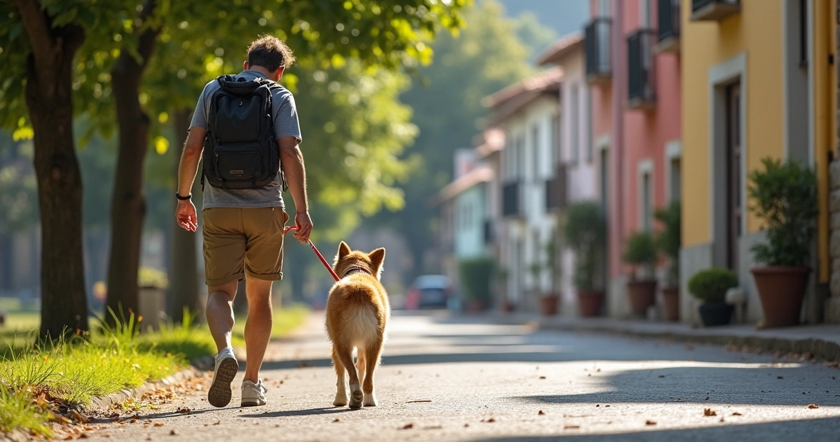 Tutor a passear cão numa rua arborizada do Porto