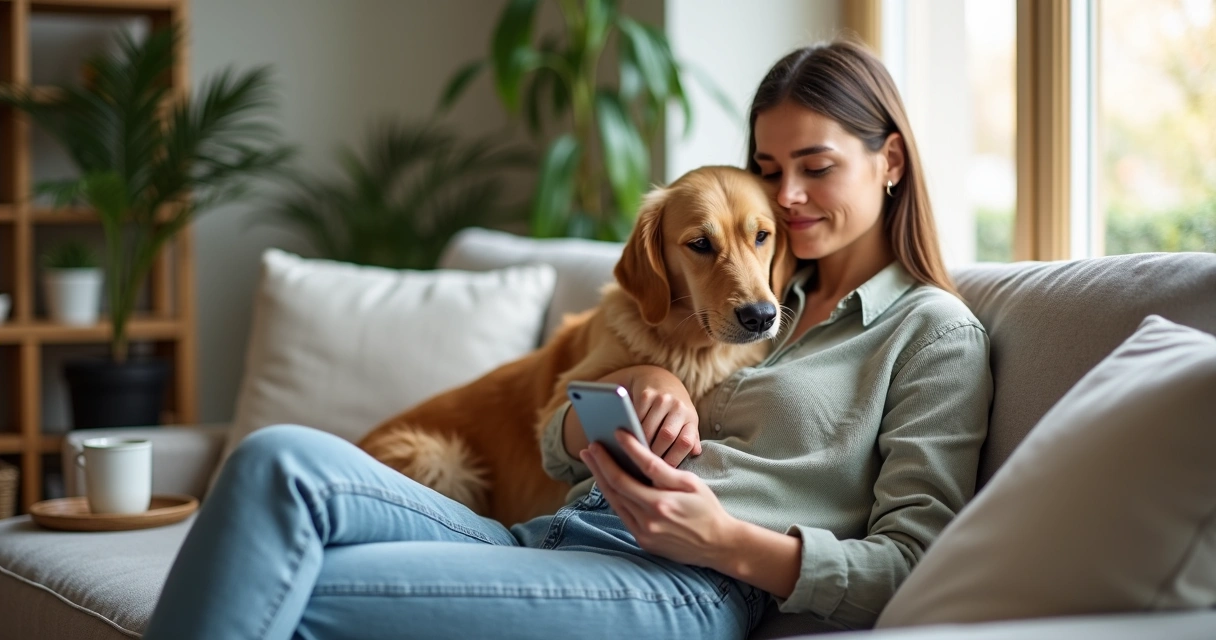 Tutor sentado no sofá usando celular, ao lado do cachorro 