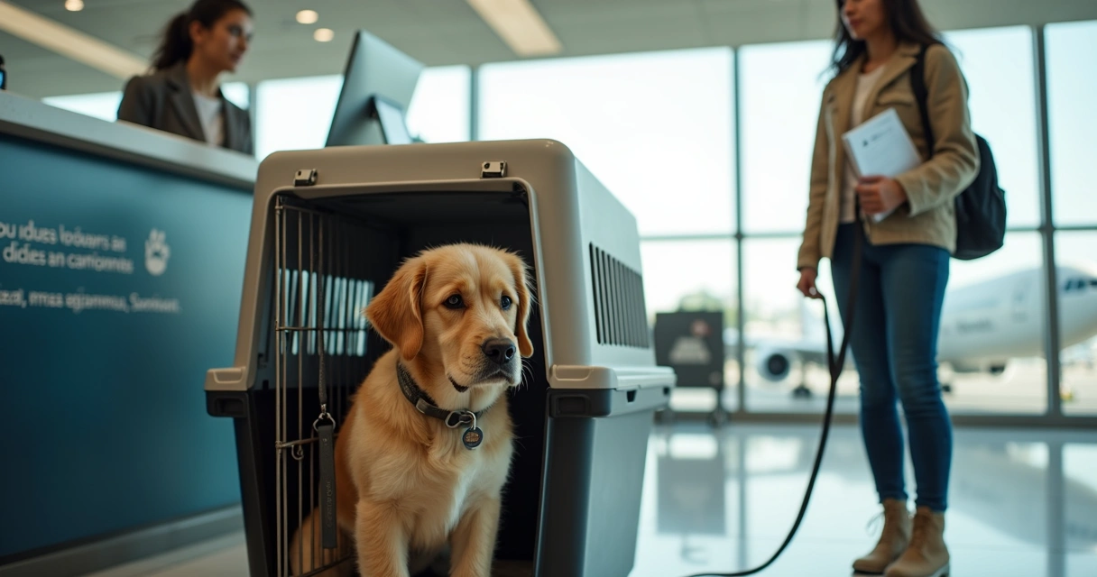 Tutor with dog in travel crate at airport check in counter 