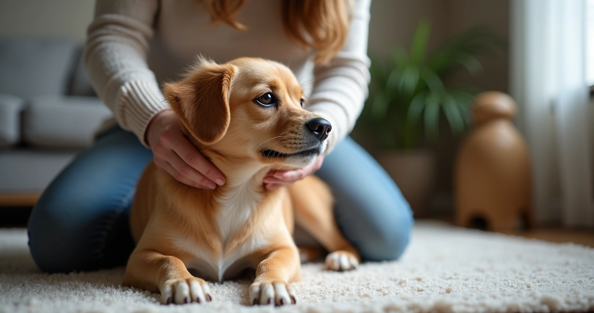 Tutor examinando o pelo do cachorro em casa 