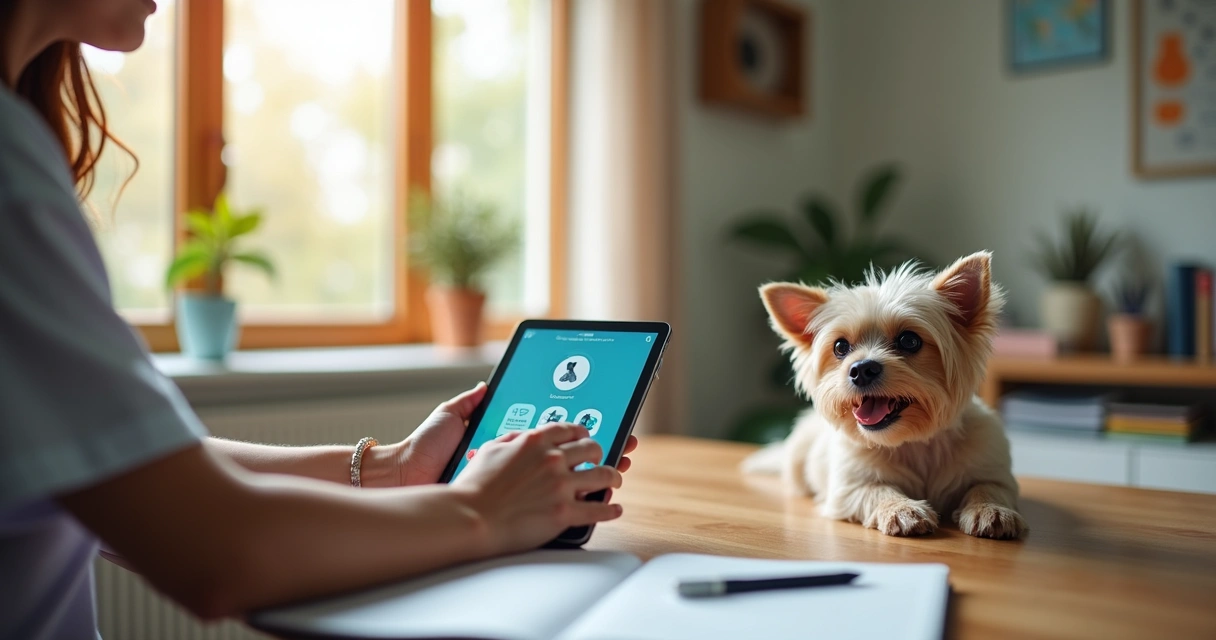 Tutor com pet usando tablet para agendar consulta veterinária