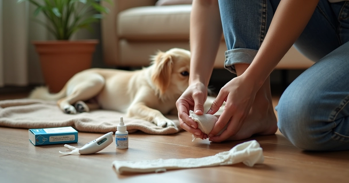 Pessoa aplicando primeiros socorros em cão com atadura na pata 