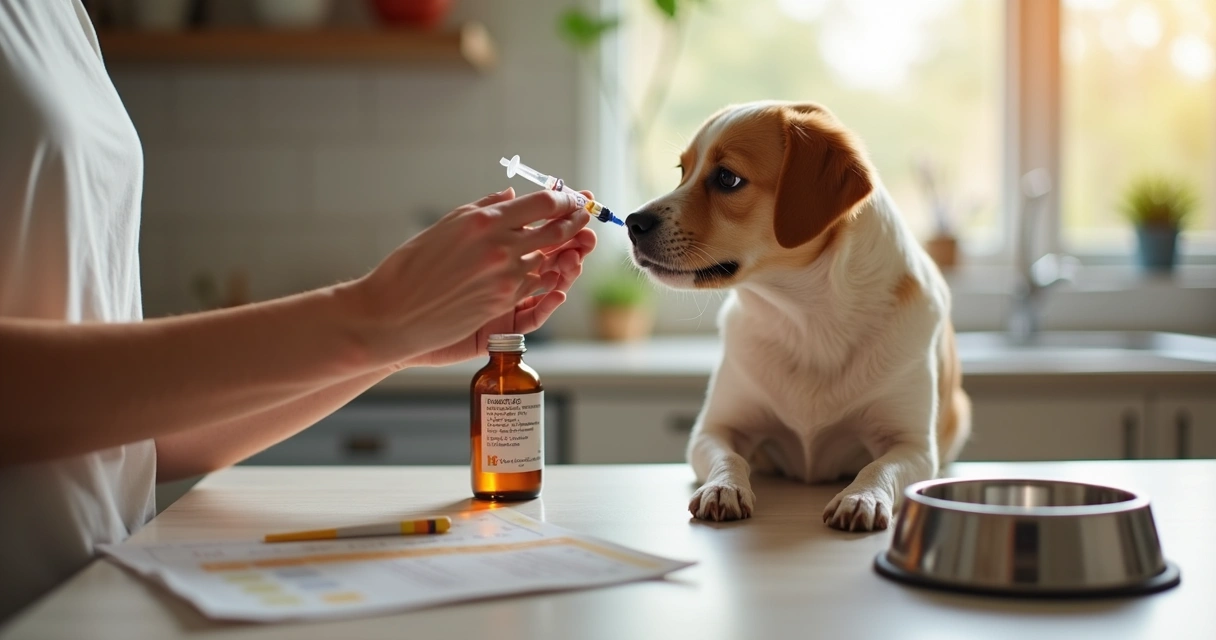 Tutora administrando medicamento manipulado para cachorro em casa 