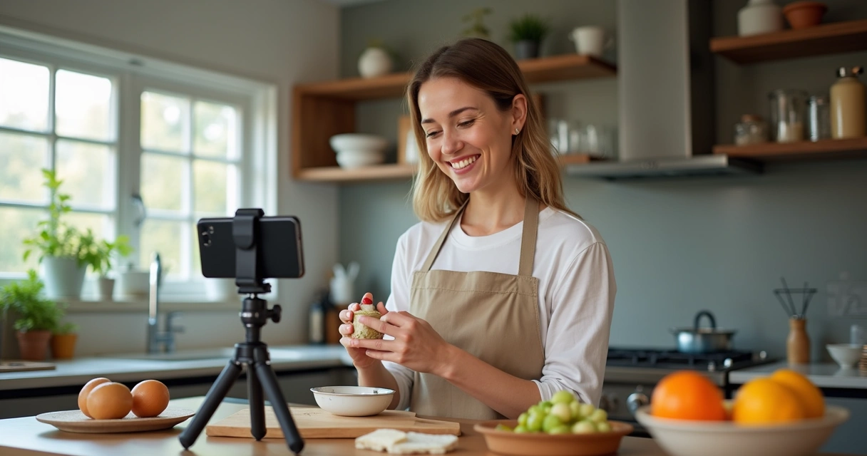 User giving product tutorial with step-by-step instructions in kitchen