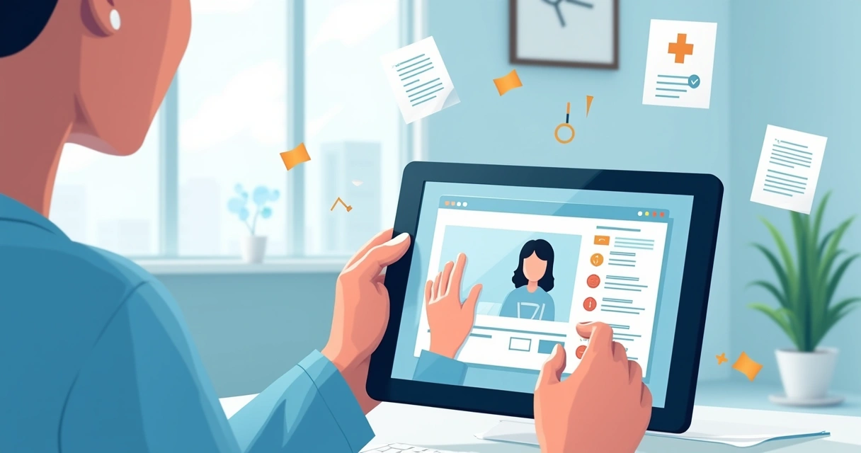 Profissional da saúde visualizando tutorial prático em tablet 