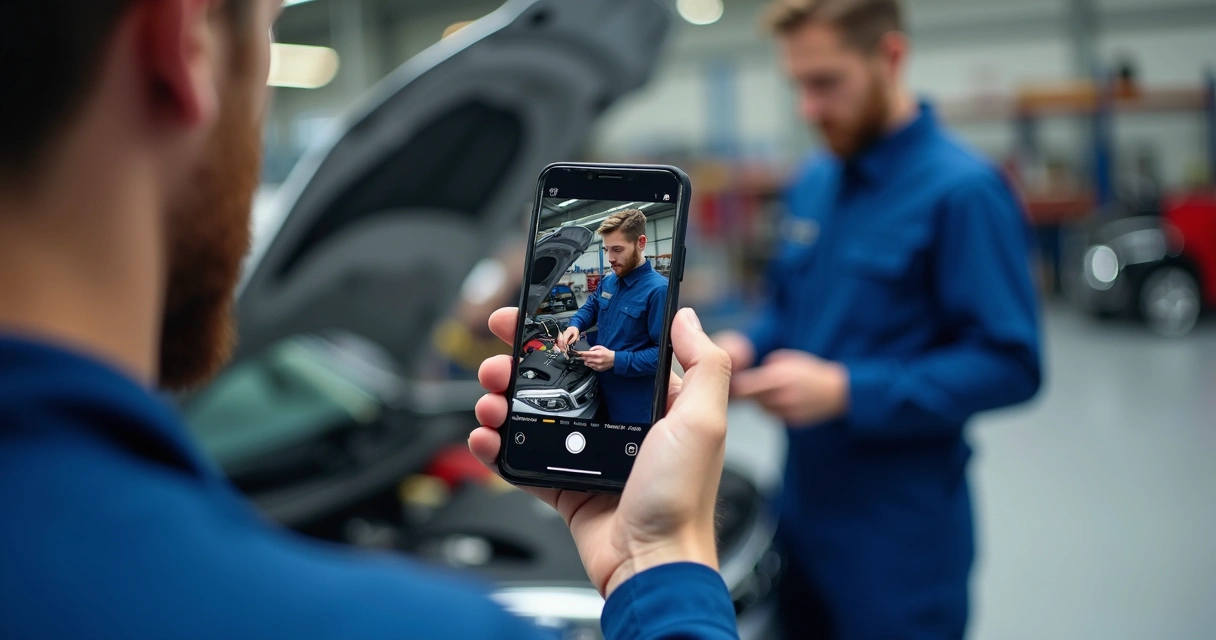 Mecânico gravando tutorial rápido mostrando nível de óleo em carro 
