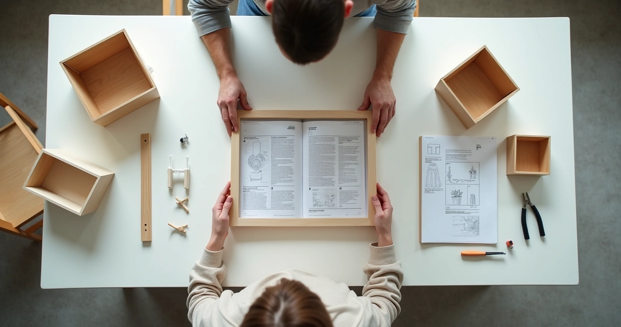 Mãos montando móvel com peças e ferramentas espalhadas na mesa branca 