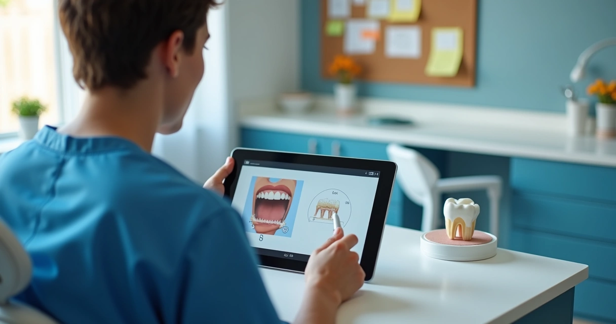 Dentista assistindo tutorial em vídeo sobre sistema odontológico 