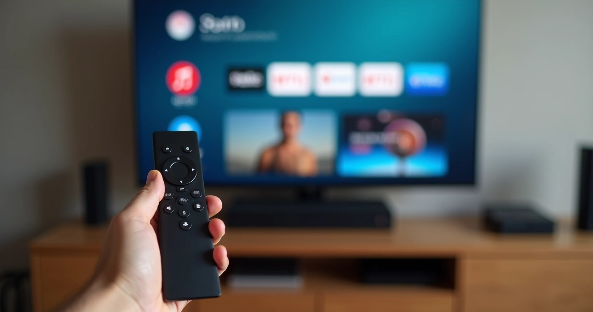 Mão segurando controle de smart TV com assistente de voz